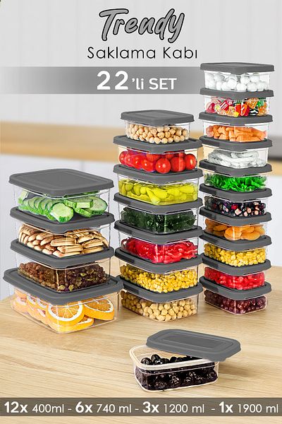 Meleni Home Rectangular Food Container Set of 22 Suitable for Microwave - Organizer Gray