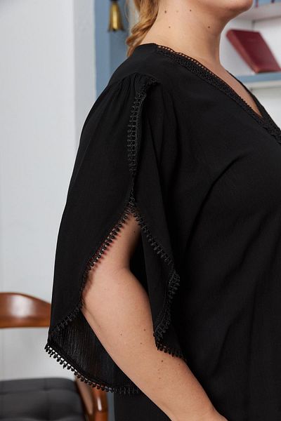 RMG Large Size Blouse with Laced Collar and Sleeves Black