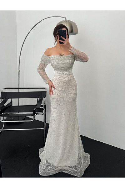 Serica Moda Ecru Boat Neck Stone Evening Dress