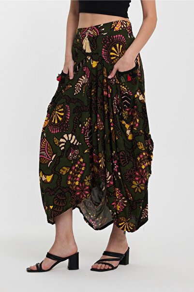 SCHIK Fusta de damă din viscoză cu imprimeu floral în stil boem, cu buzunare, cu talie elastică