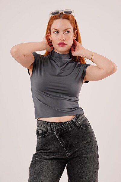 NİSA GİYİM Short Sleeve Casual Collar Matte Fabric Anthracite Color Crop