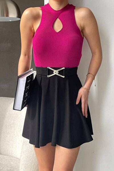 bayansepeti Dark Fuchsia Knitwear Fabric Stand Collar Drop Low-Cut Detail Collar Basic Blouse 0285