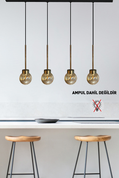 Bamyum Dörtlü Petite Cam Bal Rengi Tekli Avize İnce Eskitme Başlık Retro Sarkıt Restoran Salon Aydınlatma