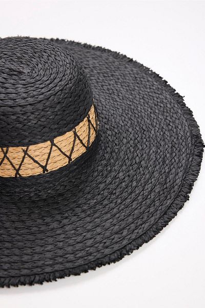 Haşema Black Straw Beach Hat - Stripe Detailed 2042