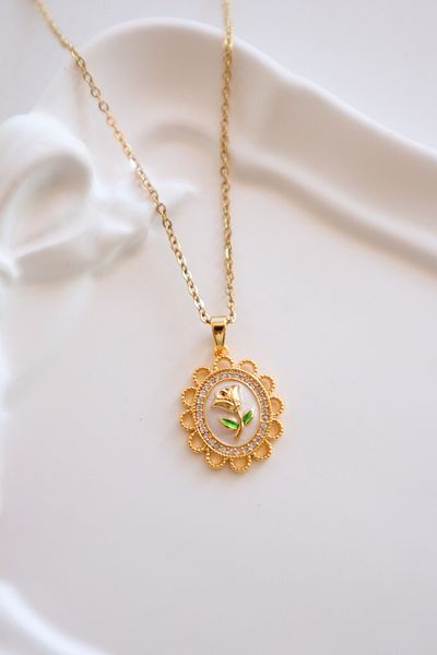 EFBUTİK Stainless Steel Gold Color Vintage Rose Design Necklace