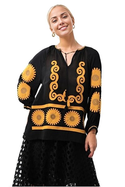 Cassime Bluză Vintage Neagră Bumbac - Femeie Brodată Floral Etnic