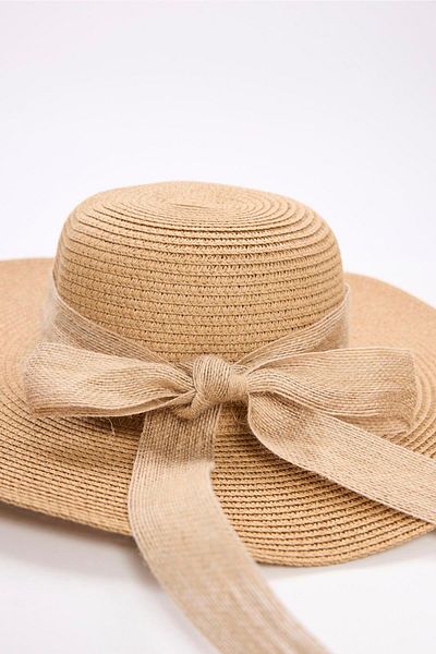 Haşema Beige Color Straw Beach Hat with Bow 2043