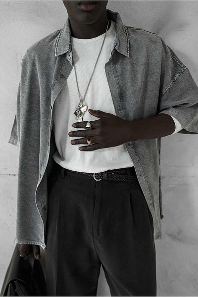 ablukaonline Men's Short Sleeve Pattern Printed Washed Oversize Shirt Gray
