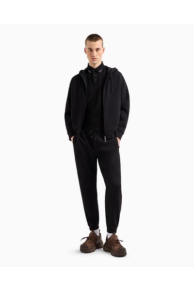 Emporio Armani Zippered and Embossed Eagle Logo, Cotton Hooded Long Sleeve Black Sweatshirt Em 001122