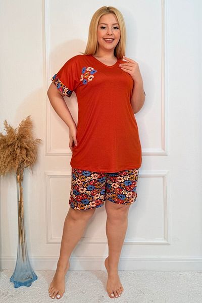 tarzımsüper Plus Size Comfort Sleepwear Set with Bottom Top Shorts Patterned Double Cotton 2-Piece Bottom-Top Suit