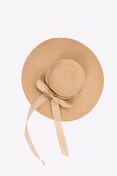 Haşema Fiyonklu Bej Renk Hasır Plaj Şapkası 2043