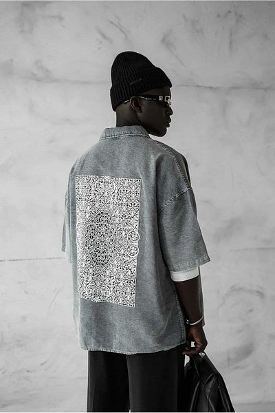 ablukaonline Men's Short Sleeve Pattern Printed Washed Oversize Shirt Gray