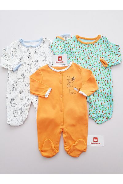 ilkimbebe Carrot and Rabbit 3-Piece Baby Rompers, 100% Cotton