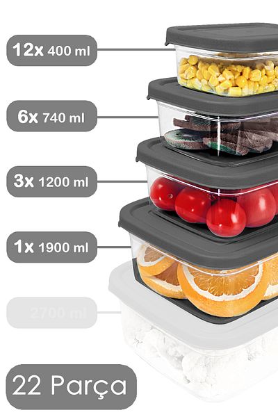 Meleni Home Rectangular Food Container Set of 22 Suitable for Microwave - Organizer Gray