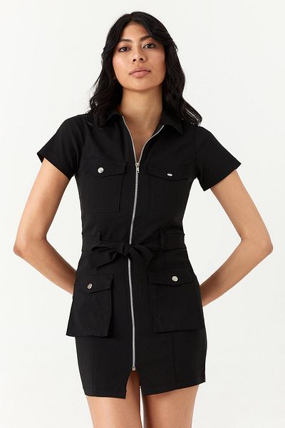 Select Moda Women's Black Belted Zippered Midi Denim Dress
