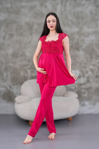 LOHOUSE Women's Fuchsia Lace Cotton Maternity Pajama Set