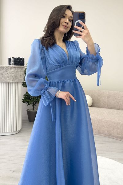 zks grup tekstil Water Green, Black, Gold, Powder, Indigo Asymmetrical Hem Watermelon Sleeve Princess V-Neck Evening Dress
