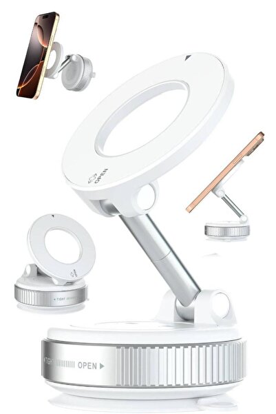 alfalink Manyetik Vakumlu Katlanır Araç Telefon Tutucu Beyaz Ayna-Cam-Araba M...