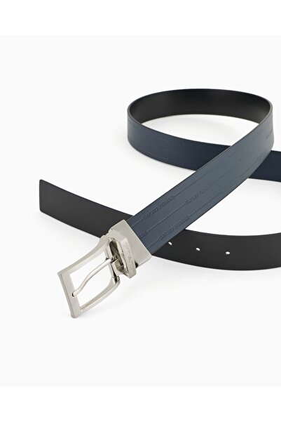 Emporio Armani Чоловічий ремінь з натуральної шкіри з рельєфним логотипом і металевою пряжкою, темно-синій EM001772 AF15136-MB084