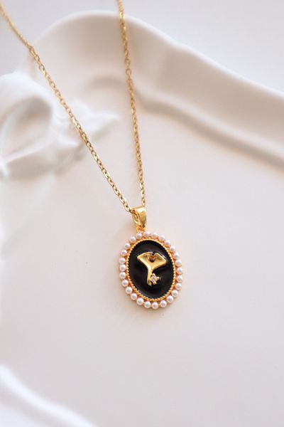 EFBUTİK Stainless Steel Gold Color Vintage Black Pearl Bouguet Necklace