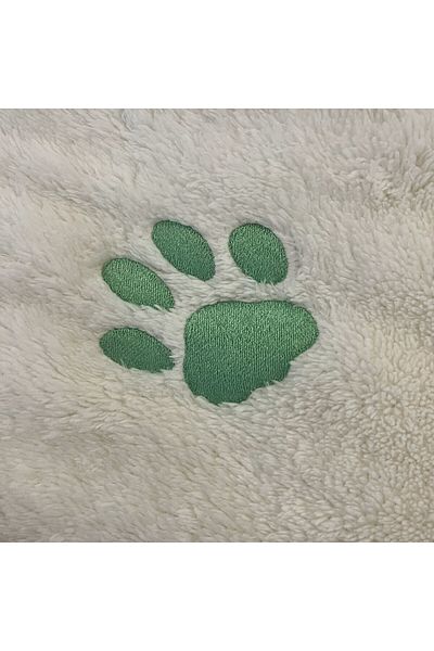 ULUBEN Cat Dog Blanket Ecru White Mint Green Paw Embroidered Wellsoft Premium Fluffy Fabric
