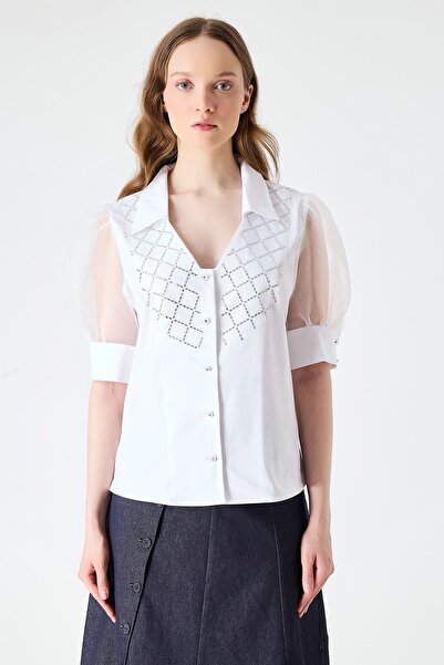 FEVER Yakalı taş detaylı bluz