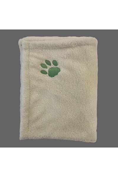 ULUBEN Cat Dog Blanket Ecru White Mint Green Paw Embroidered Wellsoft Premium Fluffy Fabric