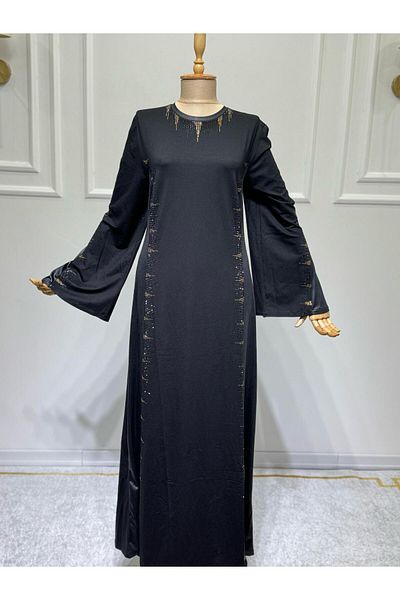ModaMinar Women's Black Combed Cotton Stone and Leather Detailed Stylish Dress