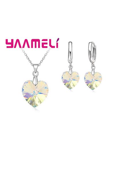 Choice Color AB Love Heart Shape Women 925 Sterling Silver Color Bridal Jewelry Set For Wedding Fashion Cry