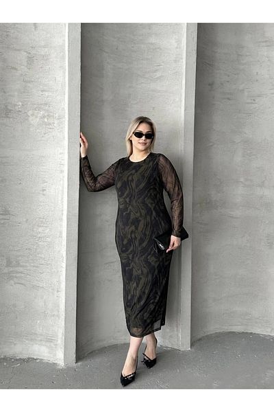 Stil Diva Plus Size Long Tulle Sleeve Lined Mesh Midi Dress 216292