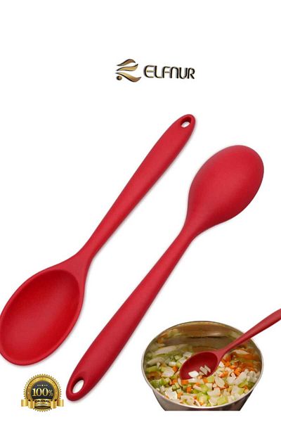 elfnur Large Size Fireproof Non-Stick Silicone Spoon Set 3 Pieces - Silicone Spoon 3 Colors Gray Red Purple