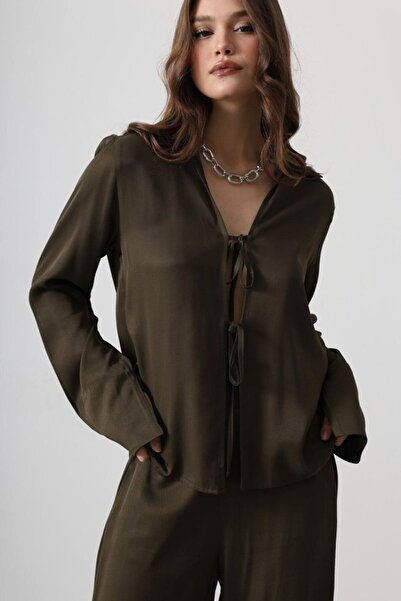 goopall Front Bias Blouse and Trouser Set - Khaki