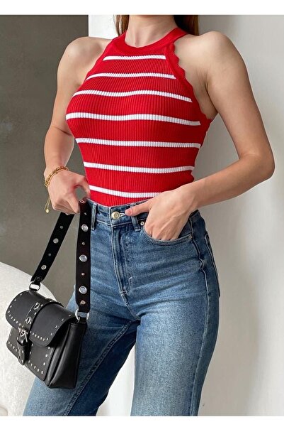 bayansepeti Трикотажна тканина з воланами, без рукавів, у смужку, блуза 0298