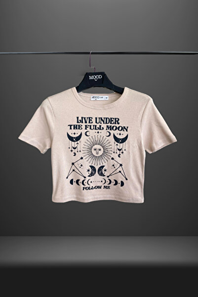 Mood Lab Γυναικείο T-Shirt Crop Moon με στάμπα με λαιμόκοψη