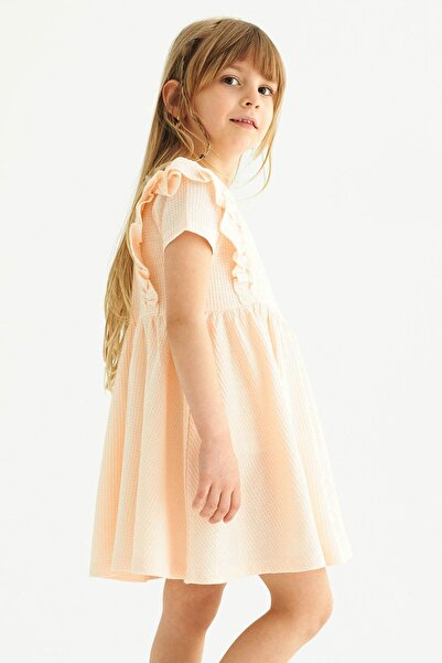 zepkids Crew Neck Ruffled Waist Gathered Ecru Color Girl's Dress