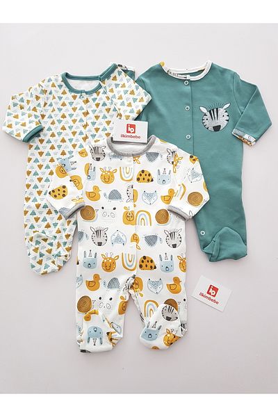 ilkimbebe Sweet Animals 3-Piece Baby Rompers, 100% Cotton,