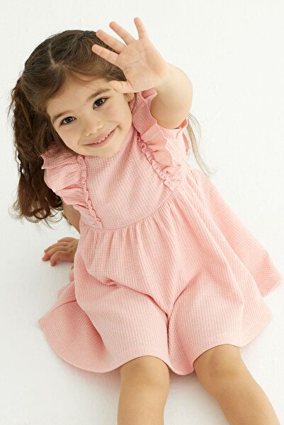 zepkids Κοριτσίστικο φόρεμα με βολάν με λαιμόκοψη με μαζεμένη μέση σε ροζ χρώμα