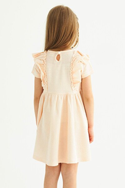 zepkids Crew Neck Ruffled Waist Gathered Ecru Color Girl's Dress