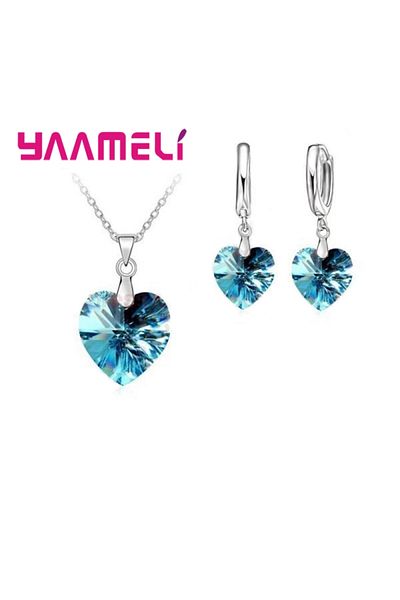 Choice Dark blue Love Heart Shape Women 925 Sterling Silver Color Bridal Jewelry Set For Wedding Fashion Cr
