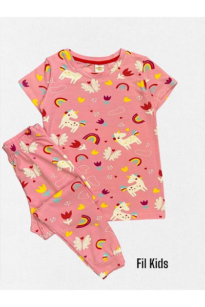 elmas kids Girl's 100% Cotton Rainbow Horse Flower Unicorn Patterned Pink Short Sleeve Seasonal Pajama Set