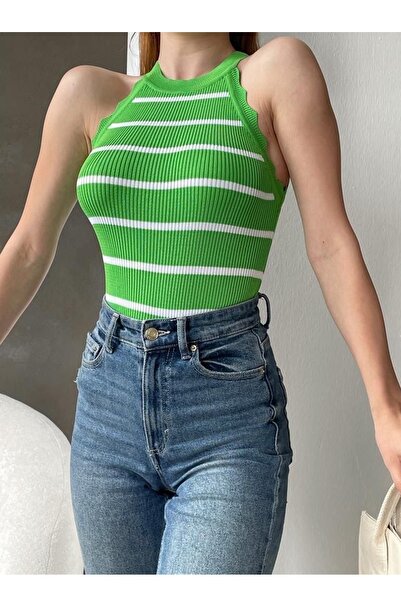 bayansepeti Πλεκτό Ύφασμα Βολάν Αμάνικη Ριγέ Μπλούζα 0298