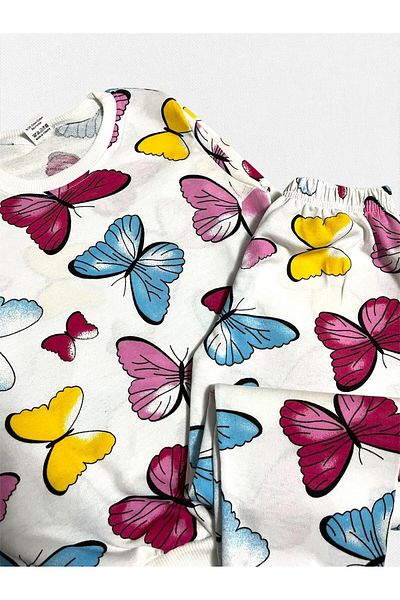 Fil Kids Girl's 100% Cotton White Butterfly Patterned Long Sleeve Seasonal Pajama Set