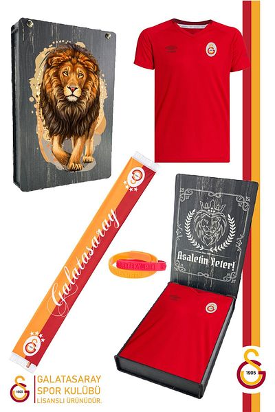 Galatasaray Σετ Umbro V-Neck Red T-Shirt + Wristband + Φουλάρι με Ξύλινο Προστατευτικό Κουτί
