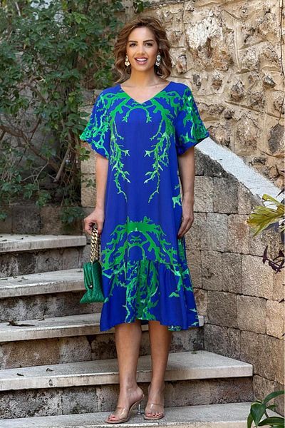 Nevin Kaya Moda Φόρεμα με μπλε κοραλί μοτίβο V λαιμόκοψη βολάν 100% βαμβακερό