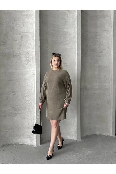 Stil Diva Large Size Long Sleeve Crew Neck Straight Cut Dress 106-97
