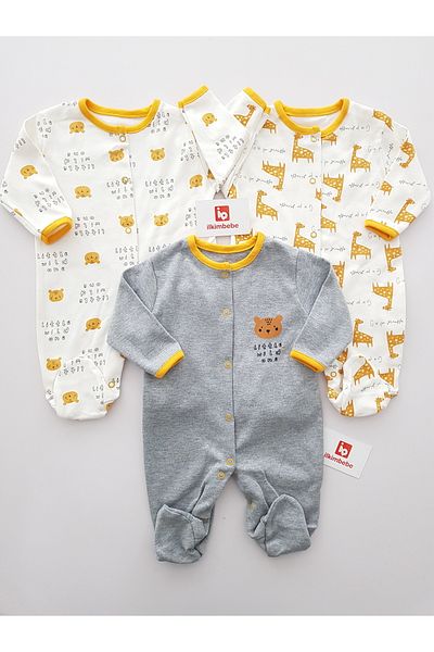 ilkimbebe Bear and Giraffe 3-Piece Baby Rompers, 100% Cotton,