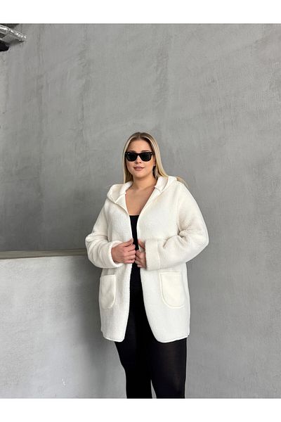 Stil Diva Large Size Front Closureless Pocket Hooded Thin Plush Jacket 301256