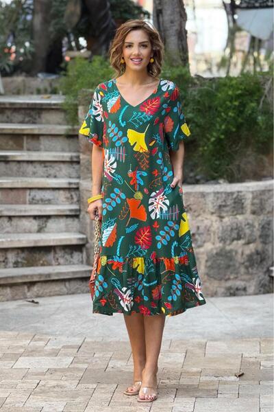 Nevin Kaya Moda Fusta cu decolteu în V cu modele de grădină de flori de smara...