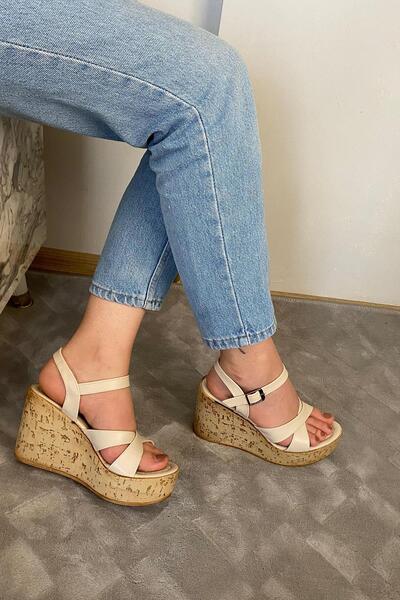 Preshley Women's Bery Beige Skin Cross Band High Padding Cork Sole Shoes & Sandals K-900