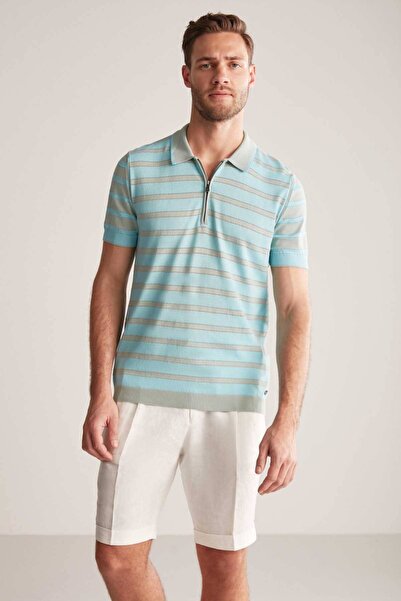 Hemington Zipper Detailed Stripe Pattern Turquoise Knitwear Polo
